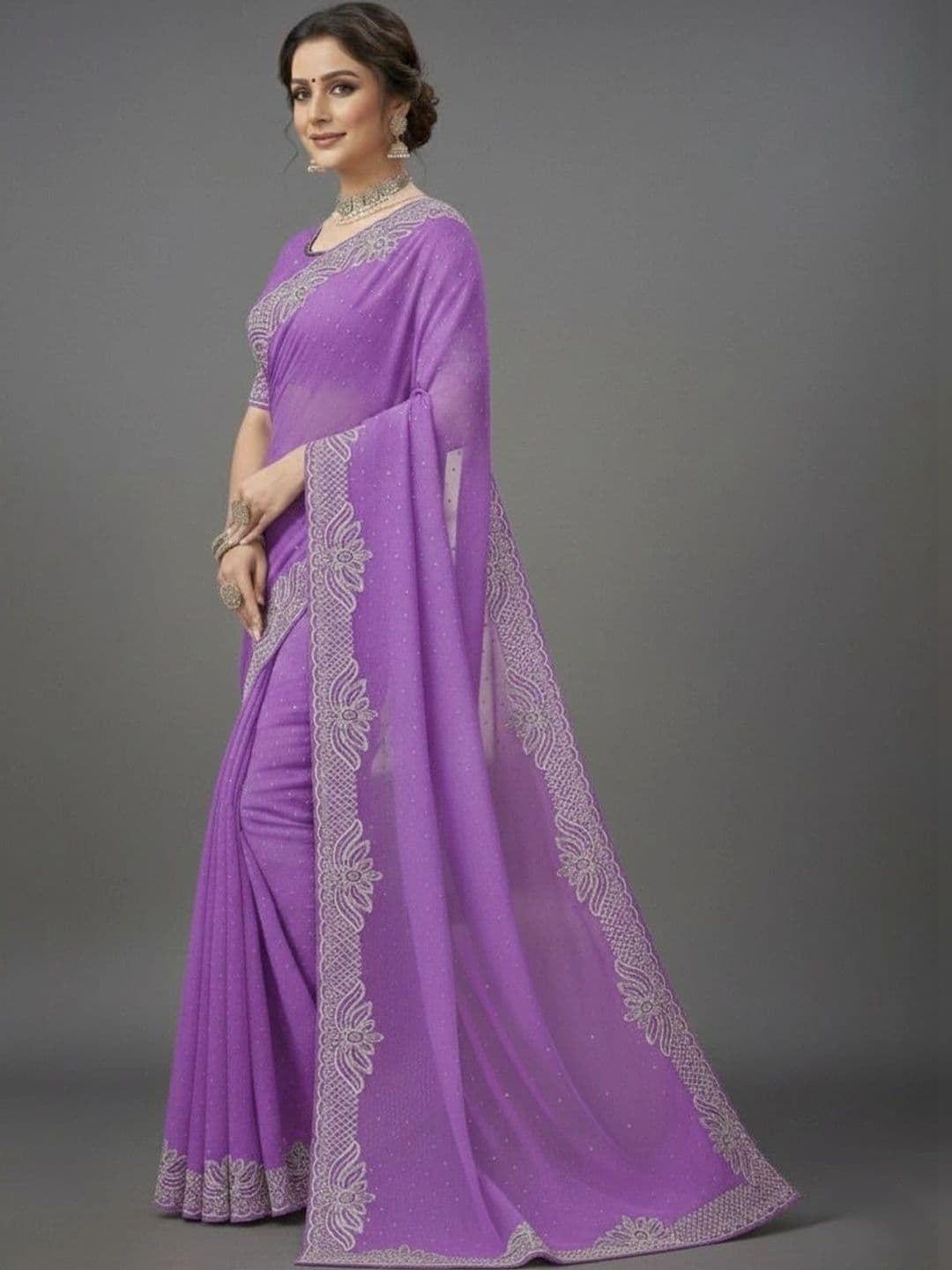 RENBRIZA Embroidered Poly Georgette Saree - view 1