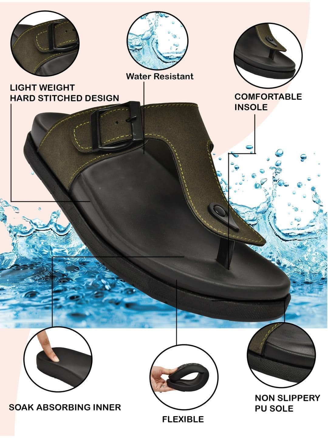 G L Trend Men Water-Resistant Olive Leather Slip-On T-Strap Sandals thumbnail 7
