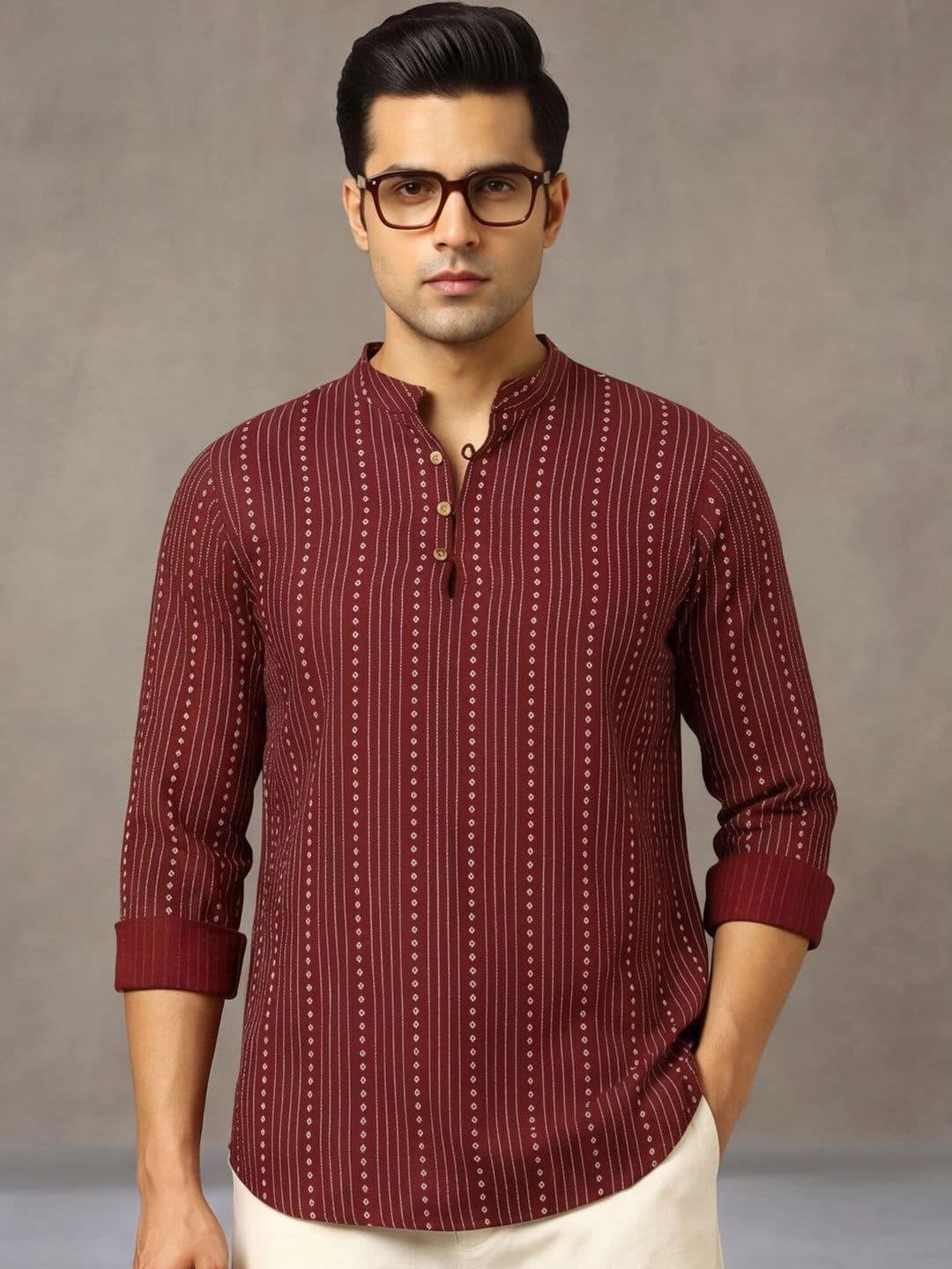 Navibhu Woven Design Striped Cotton Handloom Mandarin Collar Short Kurta thumbnail 3