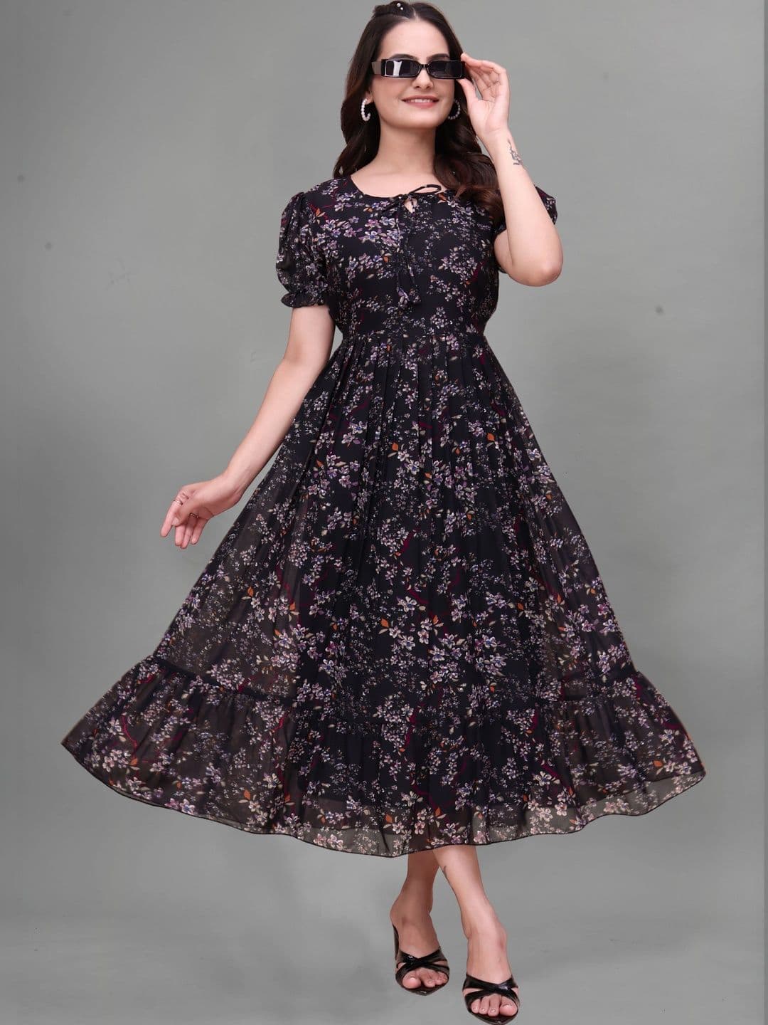 QENA Floral Print Puff Sleeve Georgette A-Line Midi Dress thumbnail 4