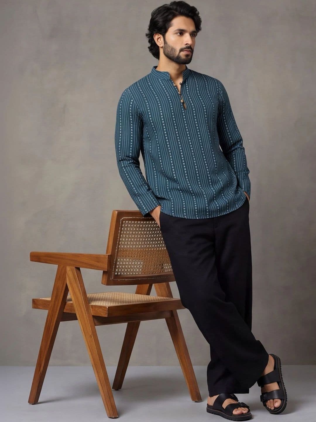 Navibhu Woven Design Striped Cotton Handloom Mandarin Collar Short Kurta - view 1