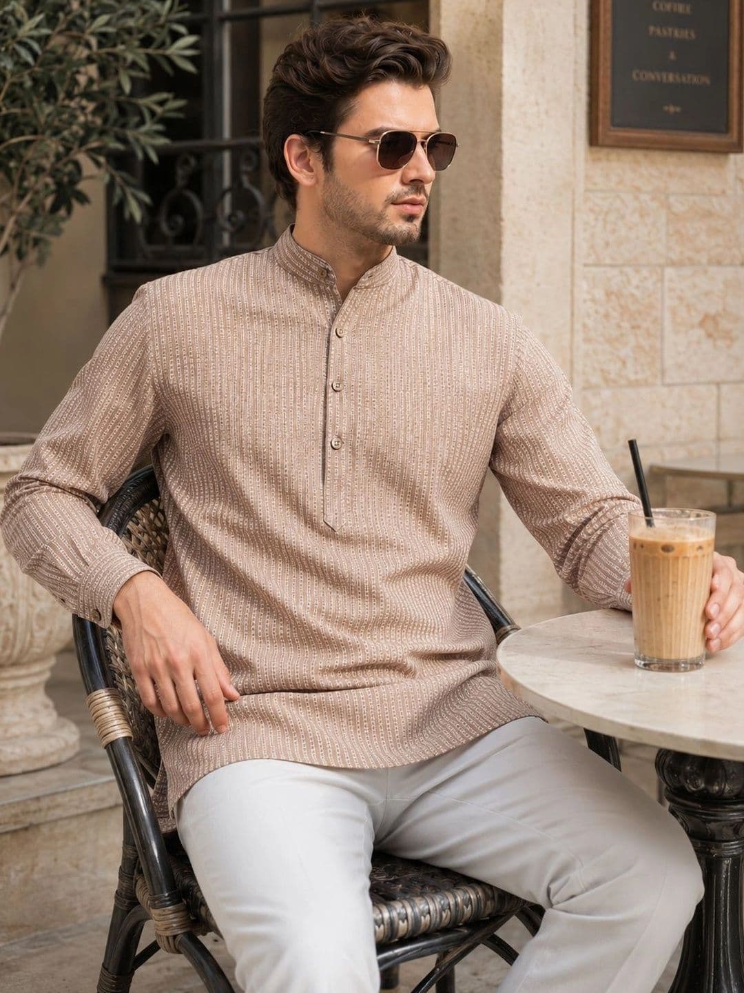 Anouk Mens Cotton Self Weave Short Kurta thumbnail 2