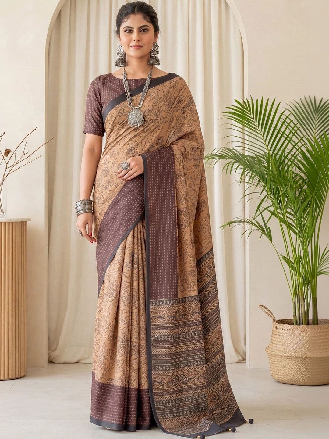 Anouk Floral Silk Blend Designer Block Print Saree - view 1