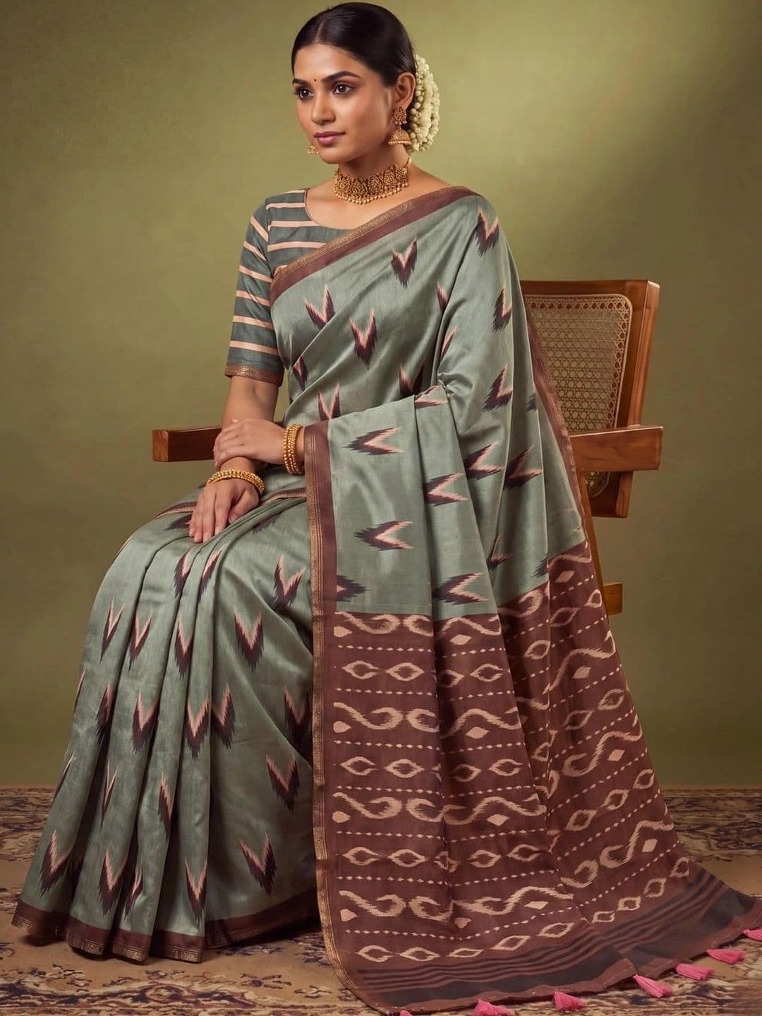 SAMANTHA Dabu Zari Silk Blend Ikat Saree thumbnail 2