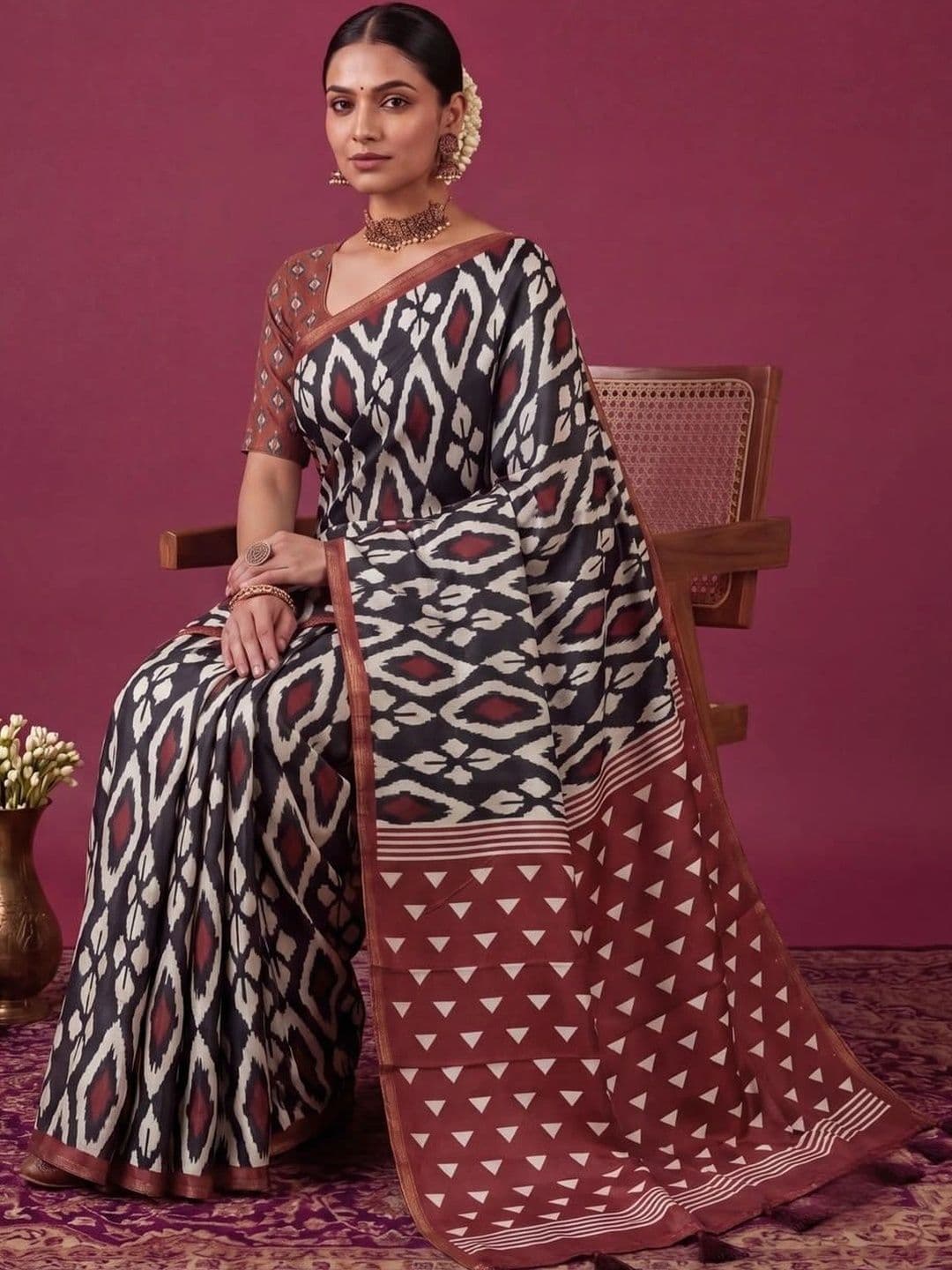 SAMANTHA Dabu Zari Silk Blend Ikat Saree thumbnail 5