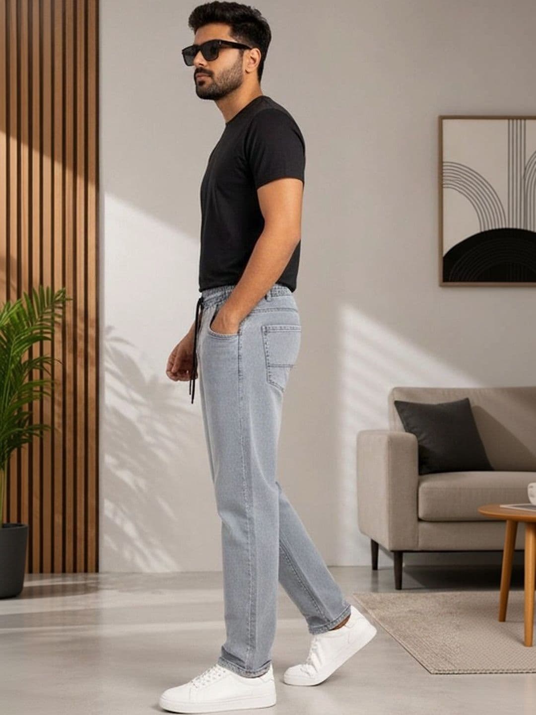 Global Jeans Men's Light Grey Straight Fit Mid-Rise Jeans thumbnail 4