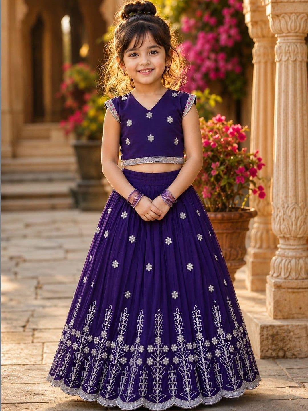 Sangria Girls Embellished Thread Work Ready to Wear Lehenga & - view 1