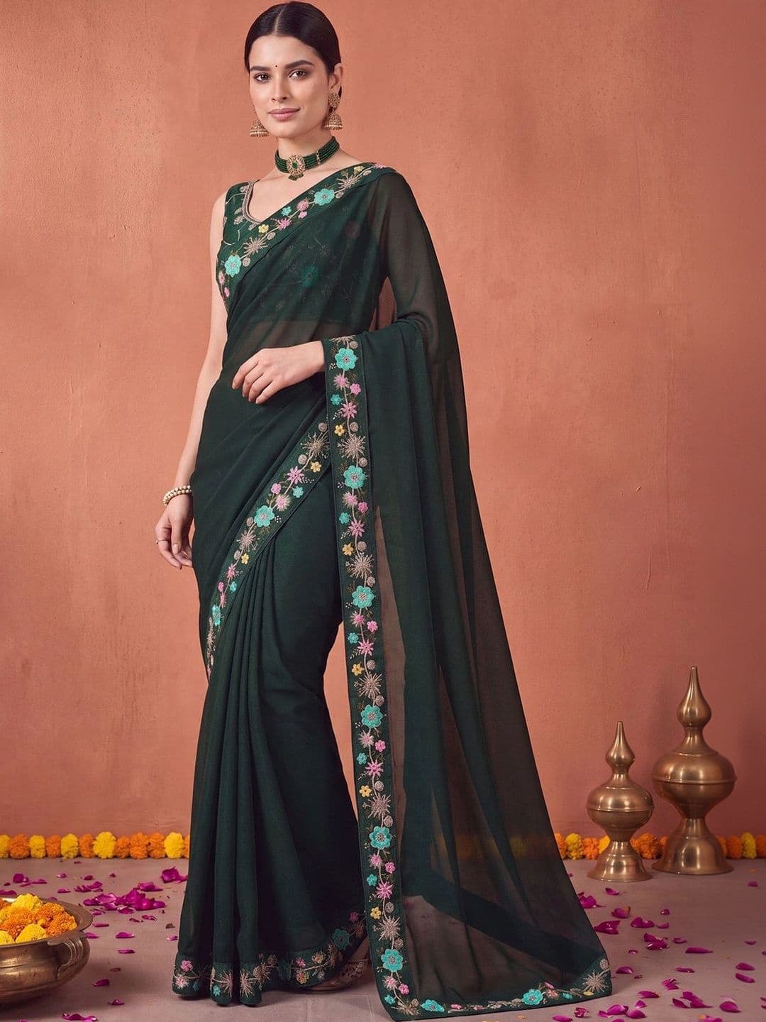 Anouk Floral Embroidered Poly Georgette Designer Saree - view 1