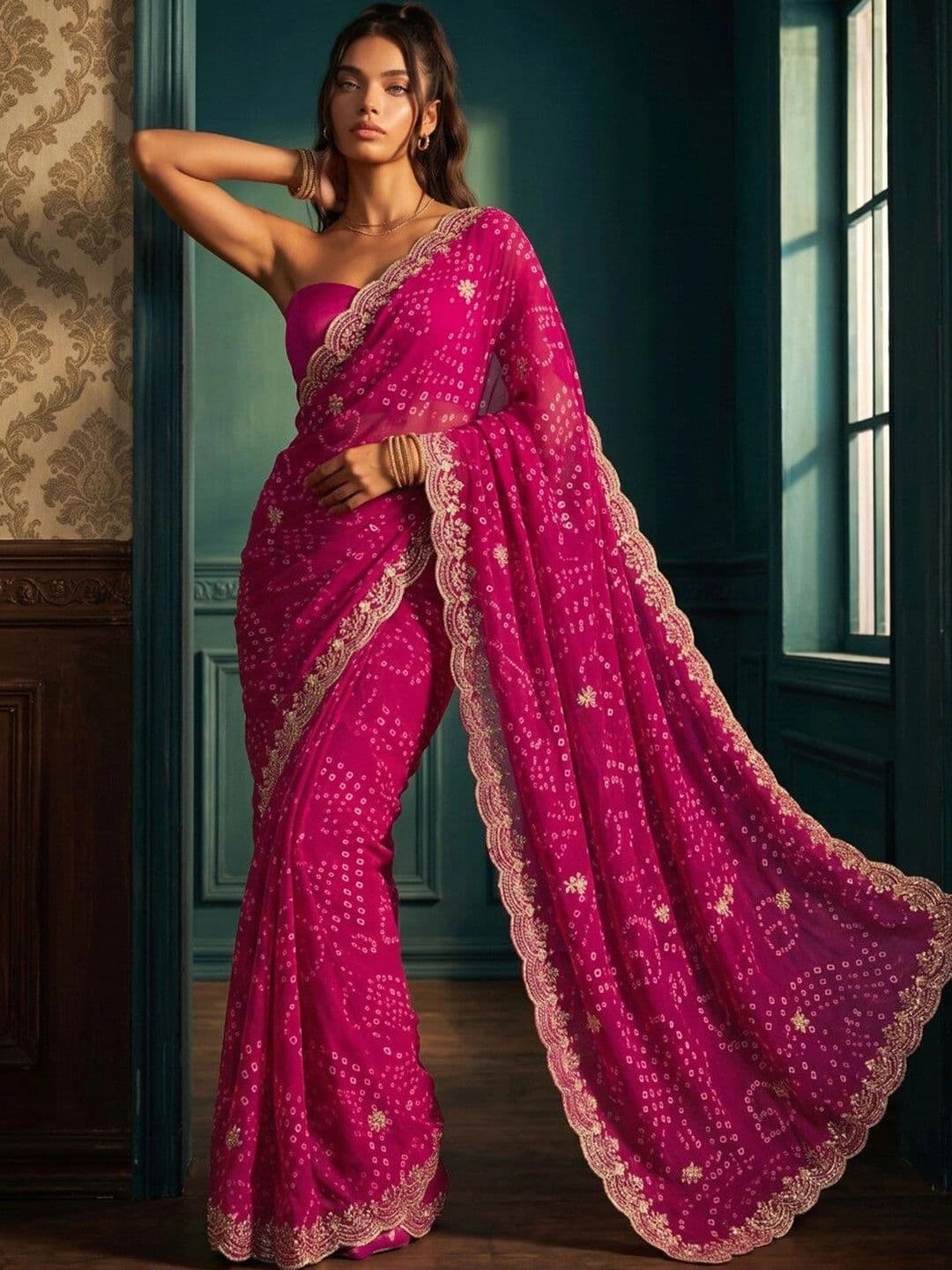 DRIP CHOWK Bandhani Embroidered Pure Georgette Fusion Bandhani Saree thumbnail 2