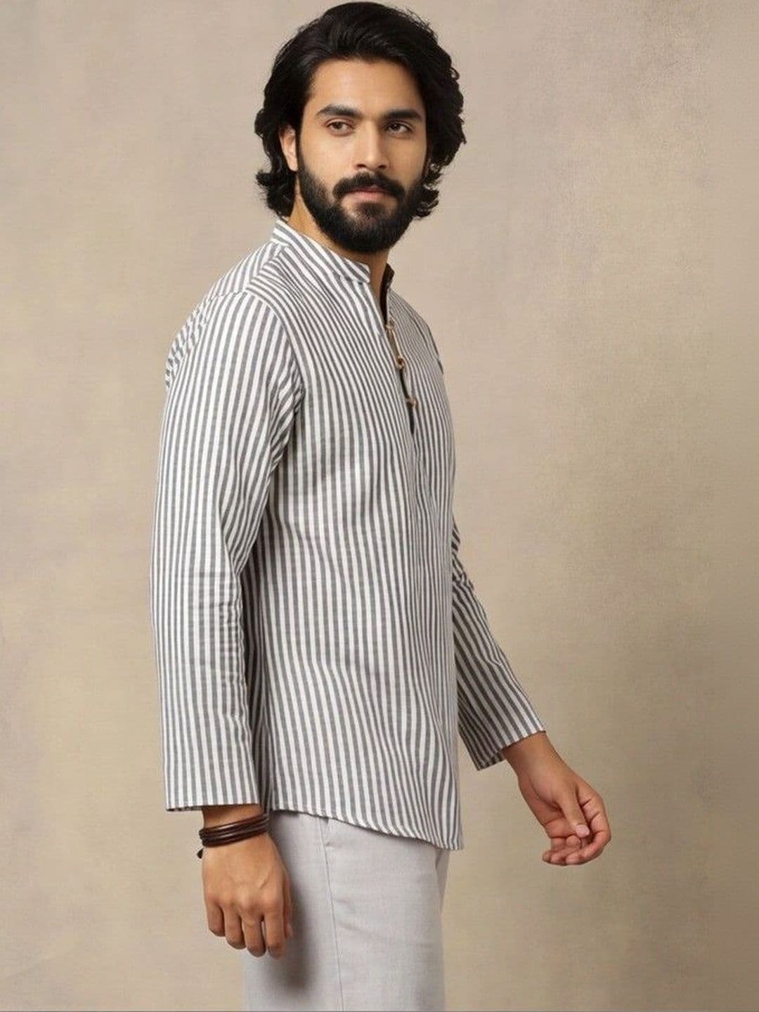 Navibhu Woven Design Striped Cotton Handloom Mandarin Collar Short Kurta thumbnail 6