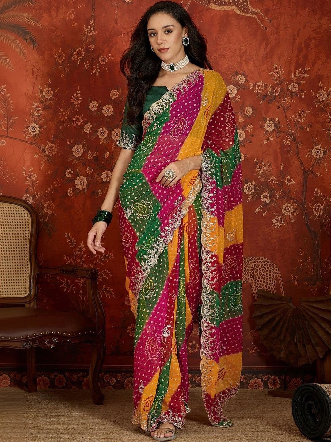 KALINI Bandhani Embroidered Pure Georgette Fusion Bandhani Saree - view 1
