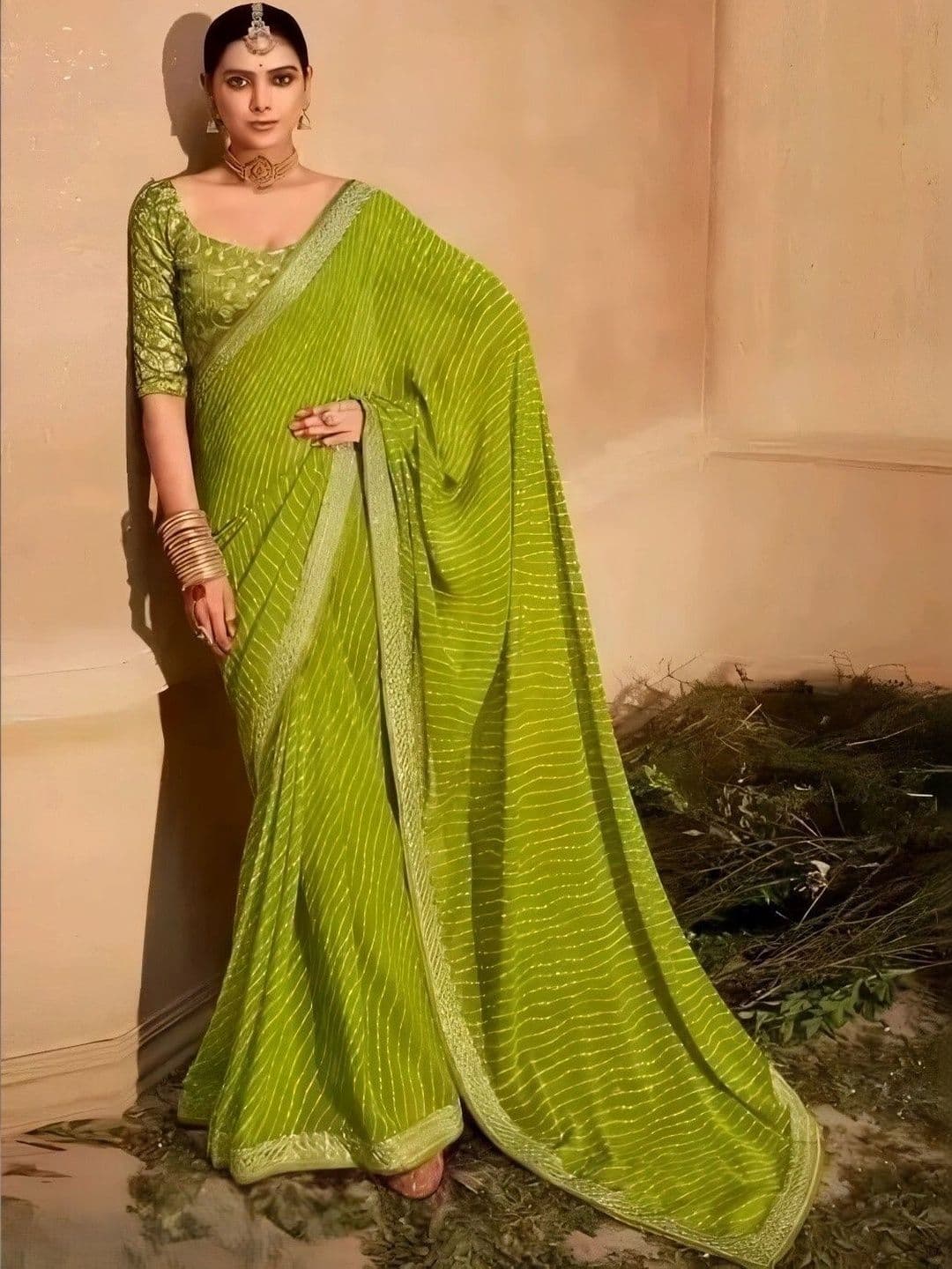 RENBRIZA Striped Embroidered Poly Georgette Saree - view 1