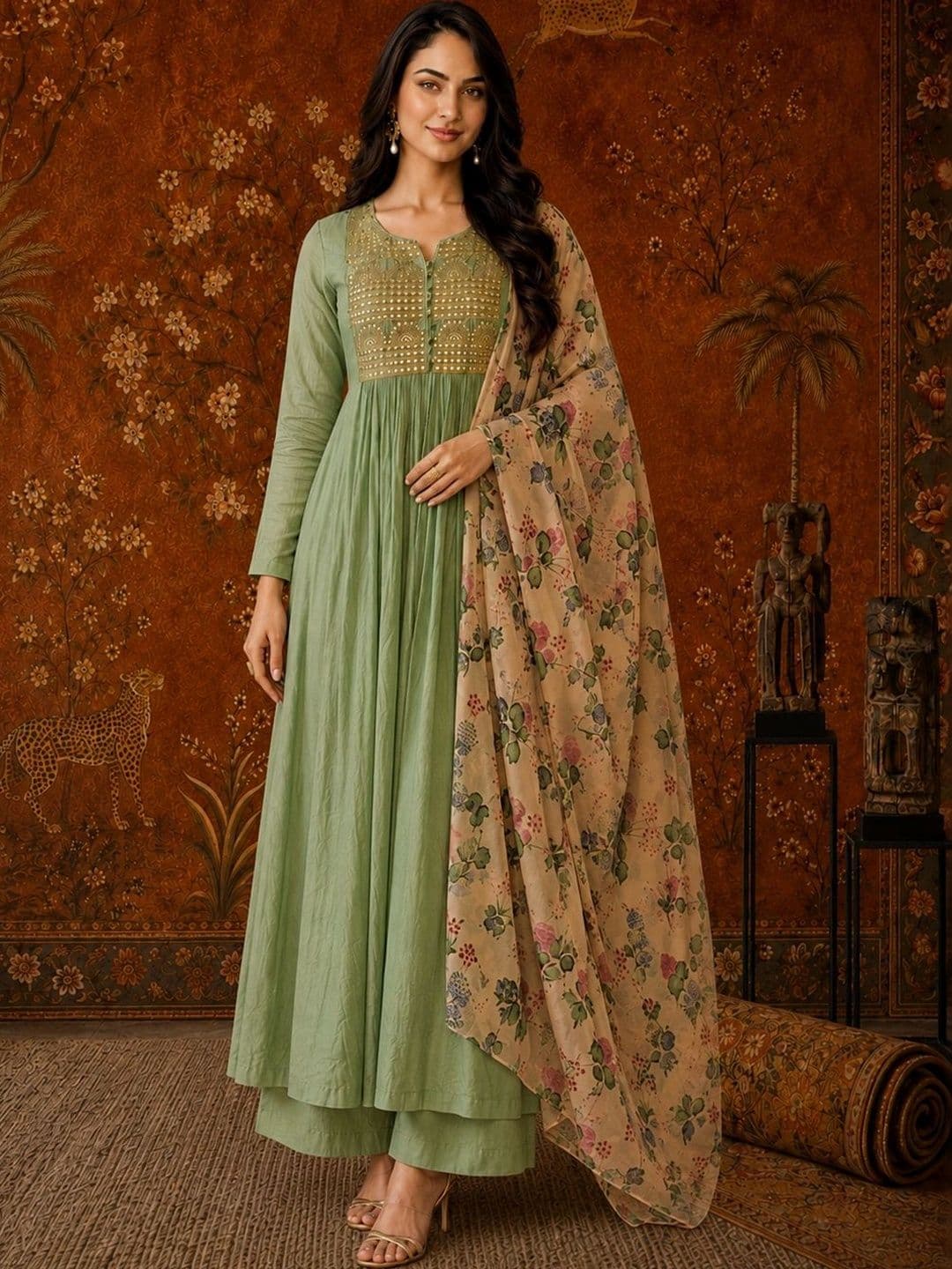 Sangria Women Floral Embroidered Empire Mirror Work Kurta with Palazzos & With Dupatta - view 1