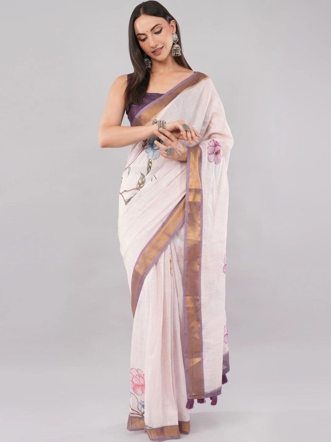 SAMANTHA Floral Zari Linen Blend Saree thumbnail 7