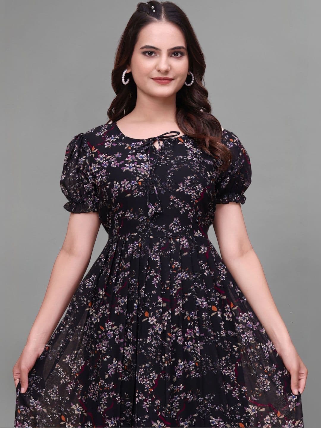 QENA Floral Print Puff Sleeve Georgette A-Line Midi Dress thumbnail 6