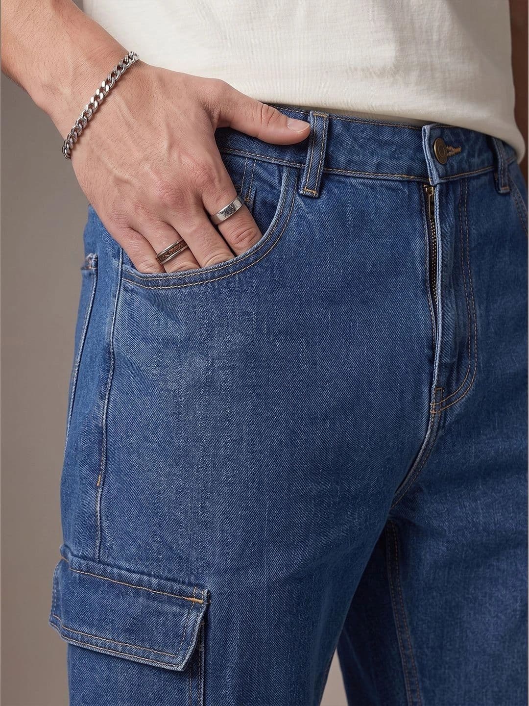 HERE&NOW Men's Medium Blue Wash Contrast-Stitched Straight Fit Cargo Jeans thumbnail 3