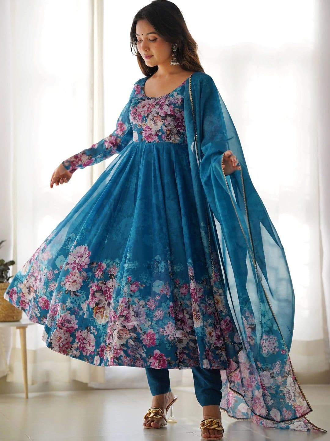 NORAFLEX Women Floral Printed Empire Kurta with Trousers & With Dupatta thumbnail 5