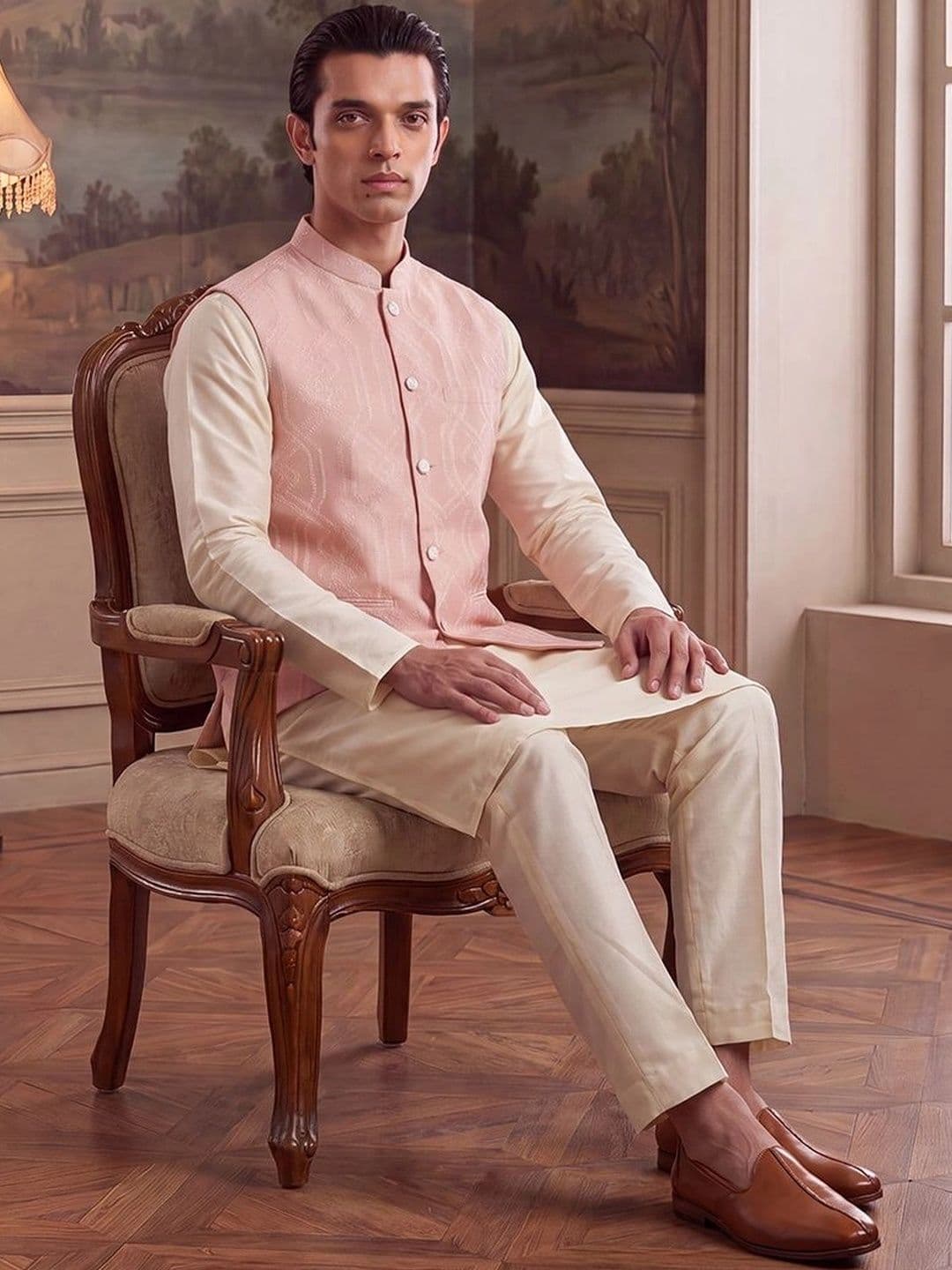 House of Pataudi Jacquard Woven Design Mandarin Collar Koti thumbnail 7