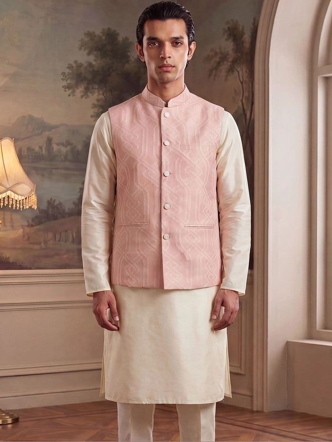 House of Pataudi Jacquard Woven Design Mandarin Collar Koti thumbnail 3