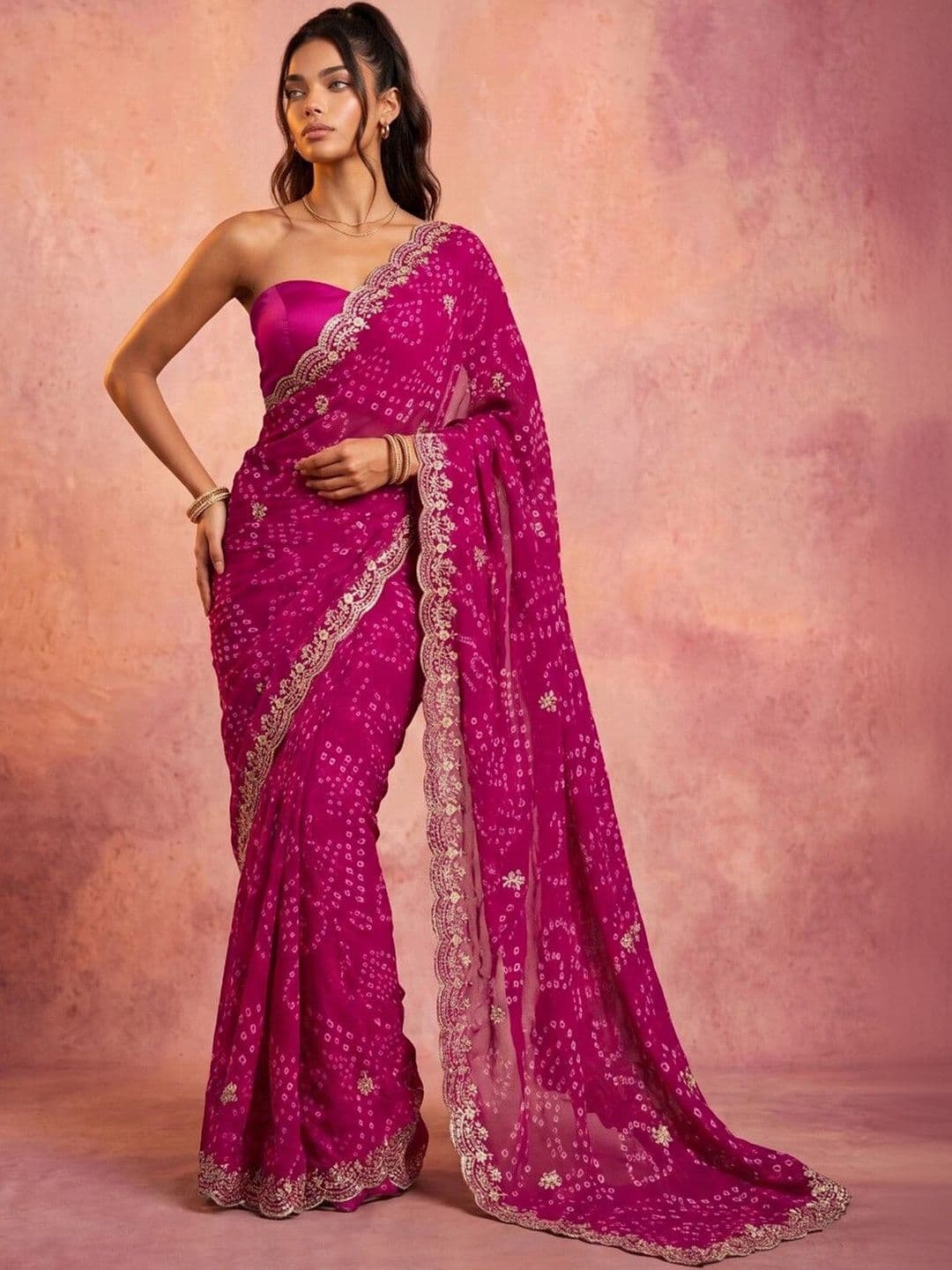DRIP CHOWK Bandhani Embroidered Pure Georgette Fusion Bandhani Saree - view 1