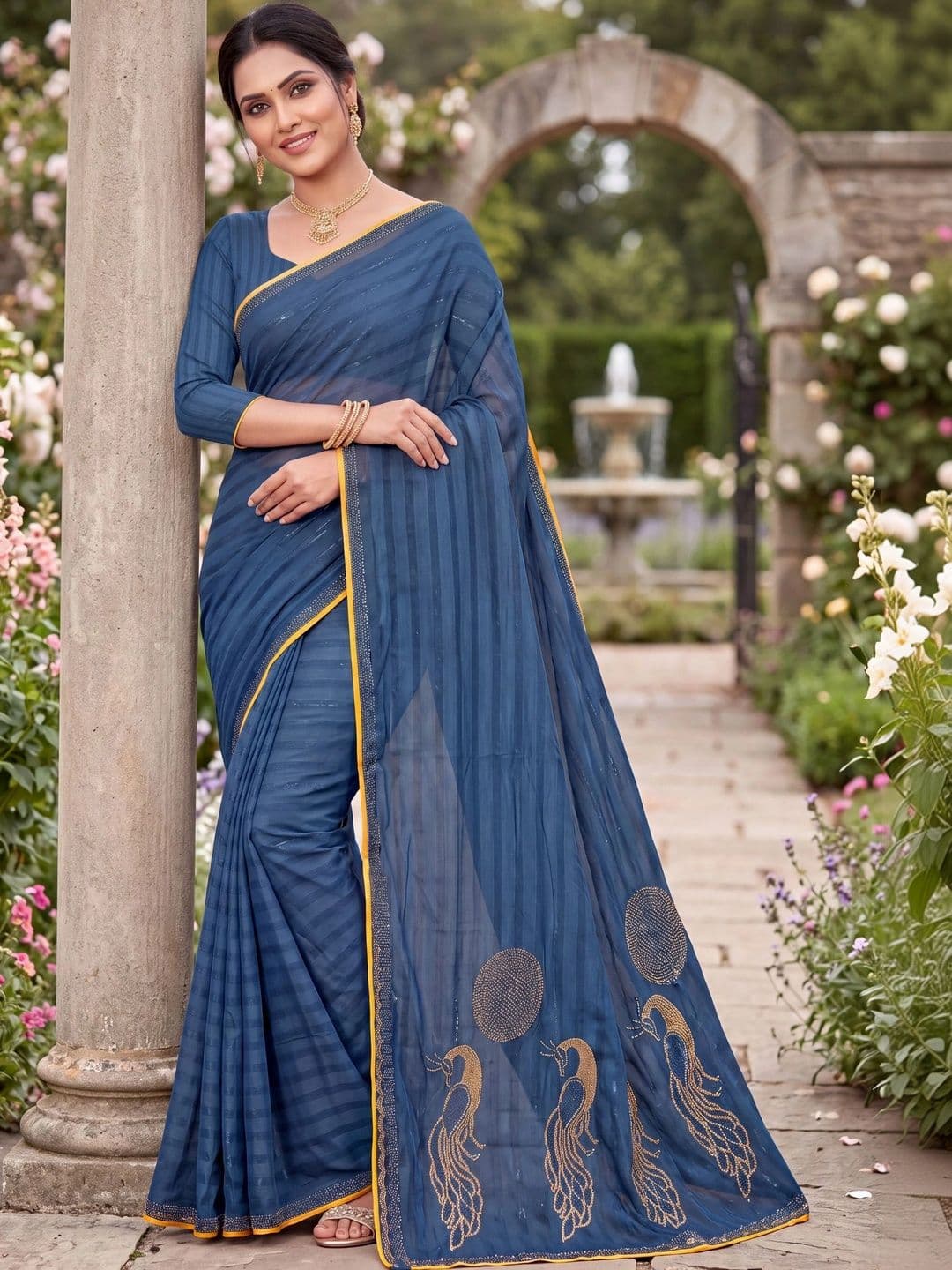 Jaipur Vogue Striped Embroidered Poly Georgette Saree thumbnail 4