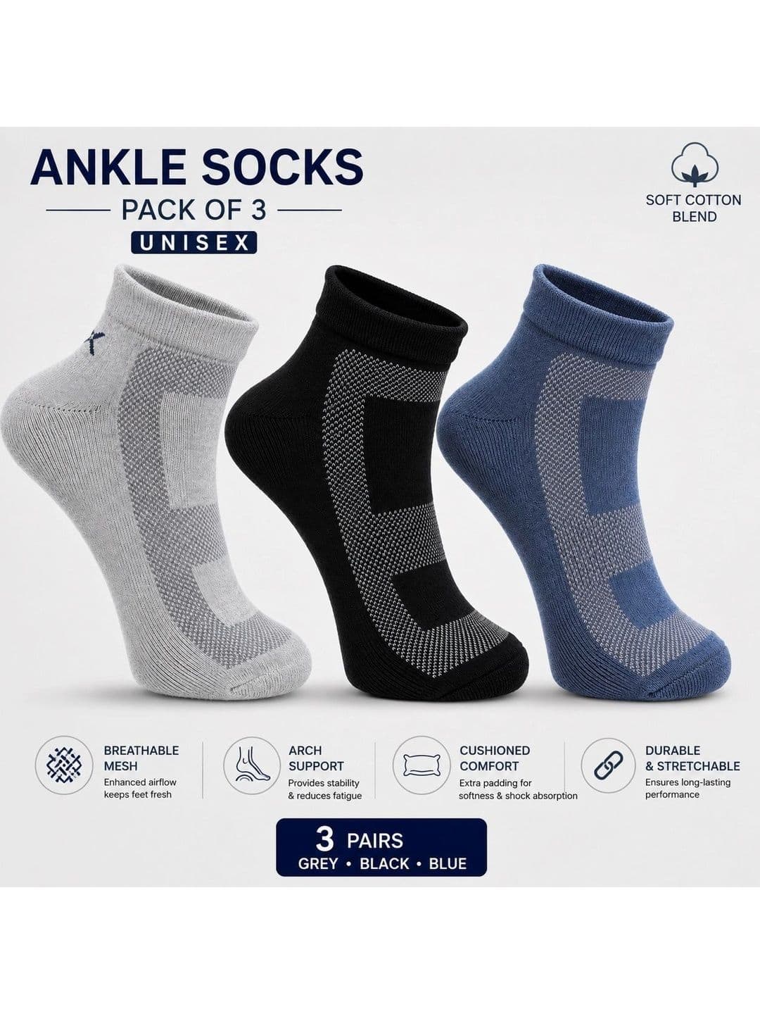 HRX by Hrithik Roshan Unisex Pack of 3 Cotton Blend Assorted Patterned Ankle Length Socks - view 1