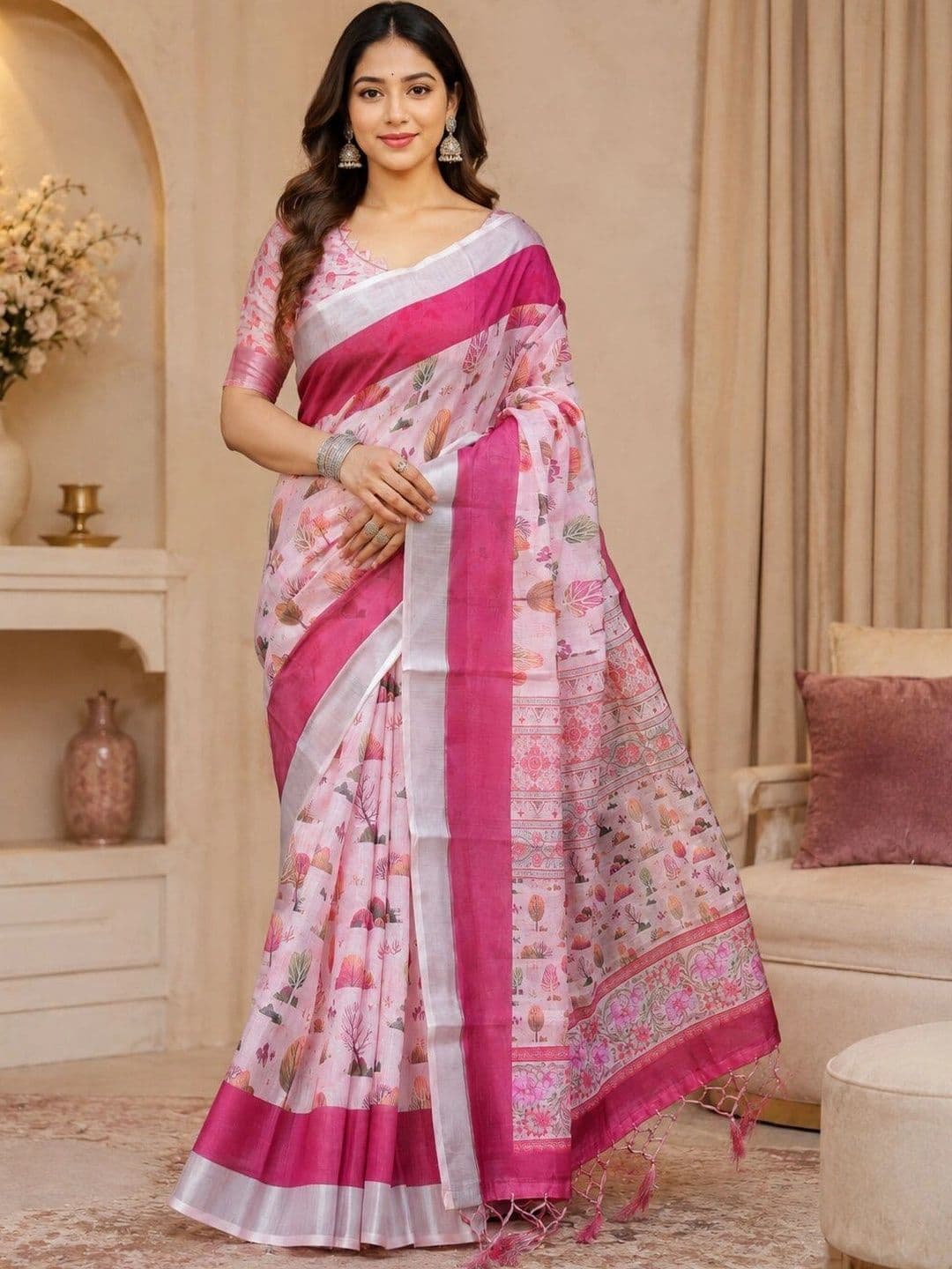 Moda Rapido Floral Linen Blend Bhagalpuri Saree - view 1