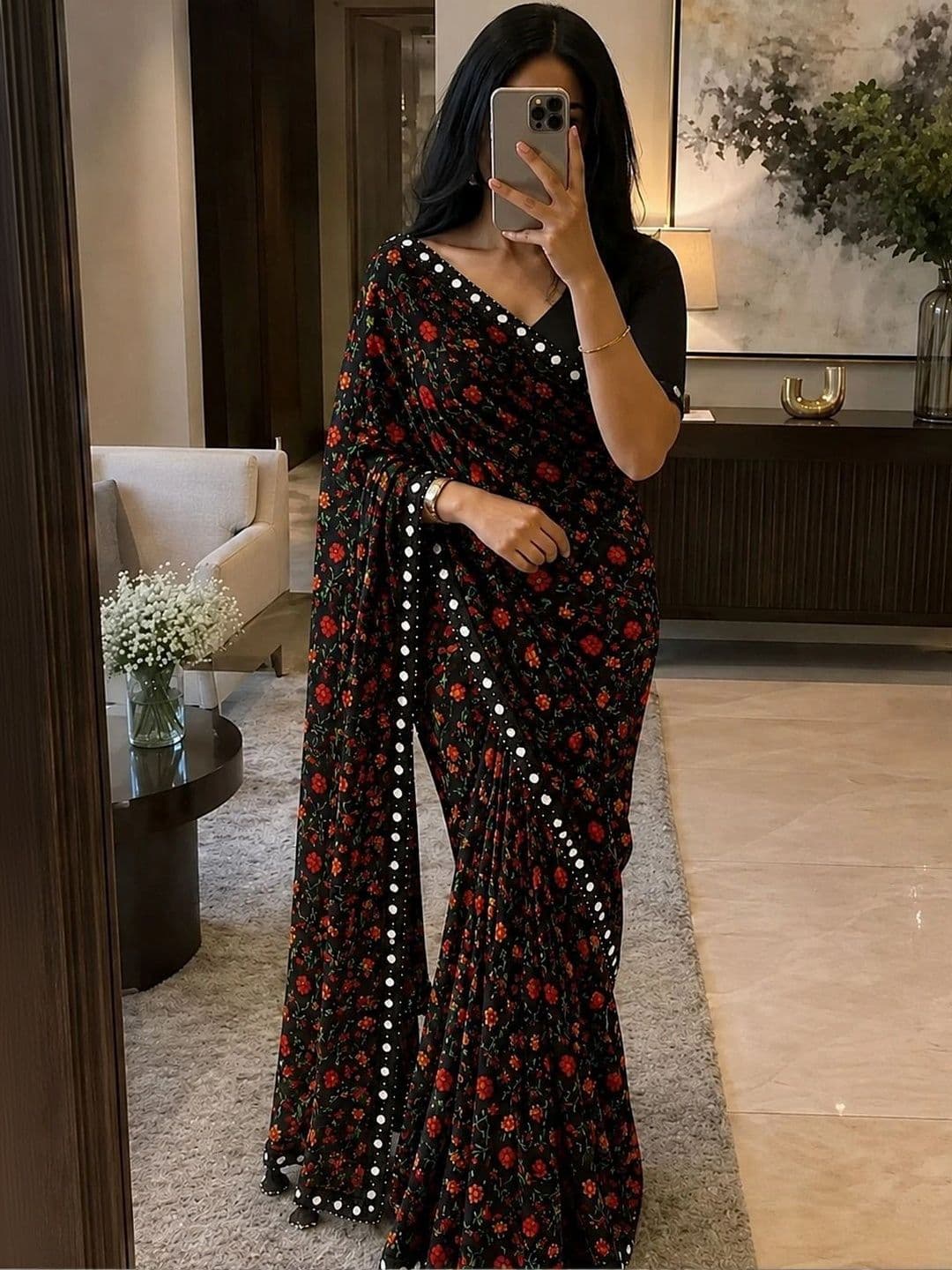 RENBRIZA Floral Mirror Work Poly Georgette Saree - view 1