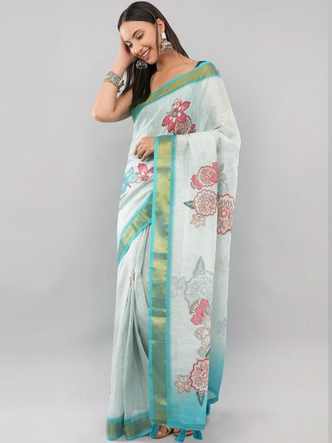 SAMANTHA Floral Zari Linen Blend Saree thumbnail 2