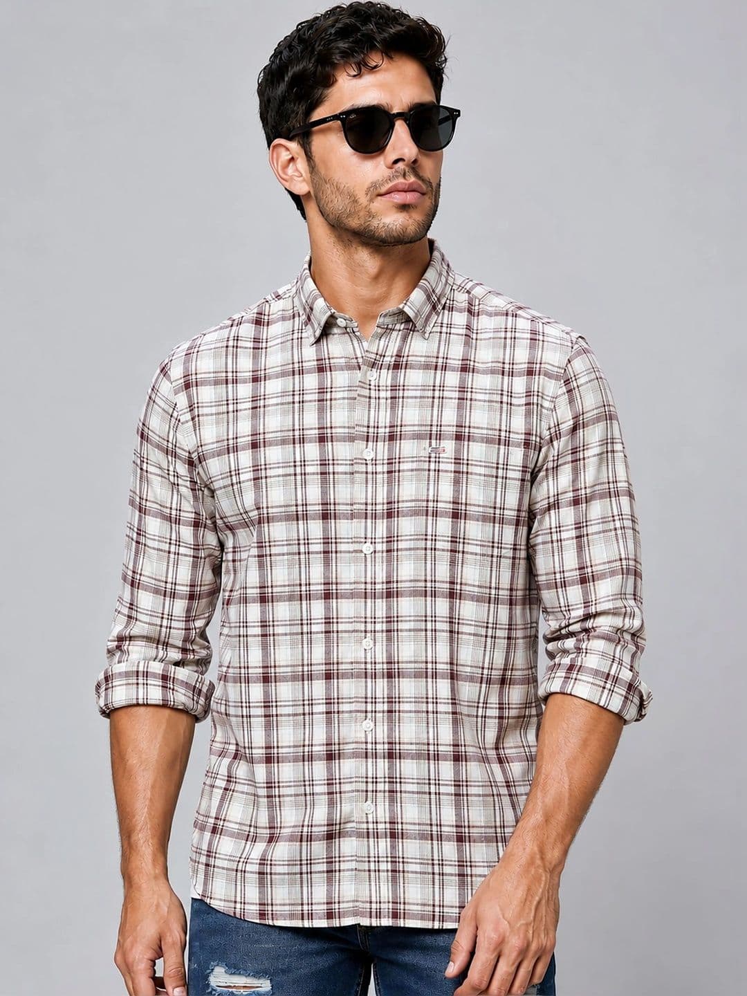 U.S. PITCHERS Men Modern Slim Fit Tartan Checks Checked Casual Shirt - view 1