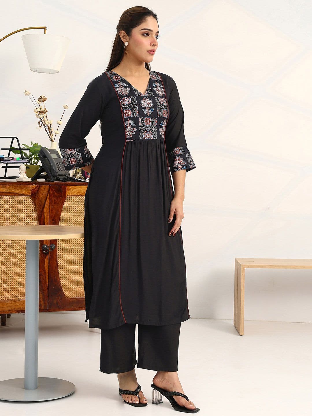 Gerua By Libas Women Ethnic Motifs Embroidered Empire Thread Work Kurta with Palazzos & With Dupatta thumbnail 4