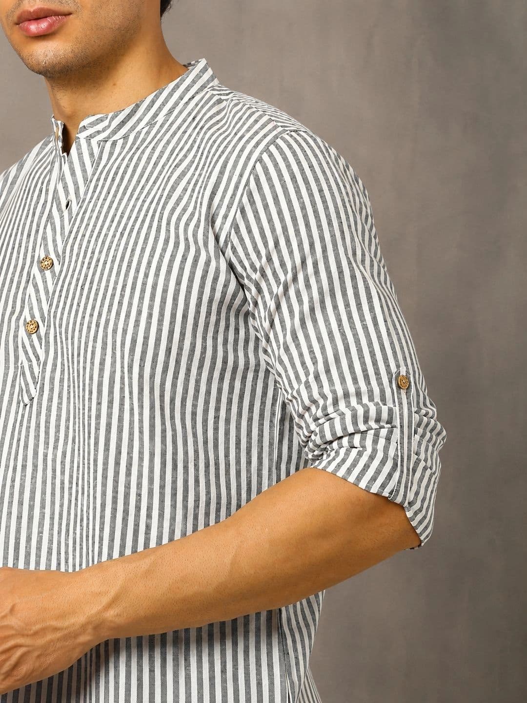 Navibhu Woven Design Striped Cotton Handloom Mandarin Collar Short Kurta thumbnail 5