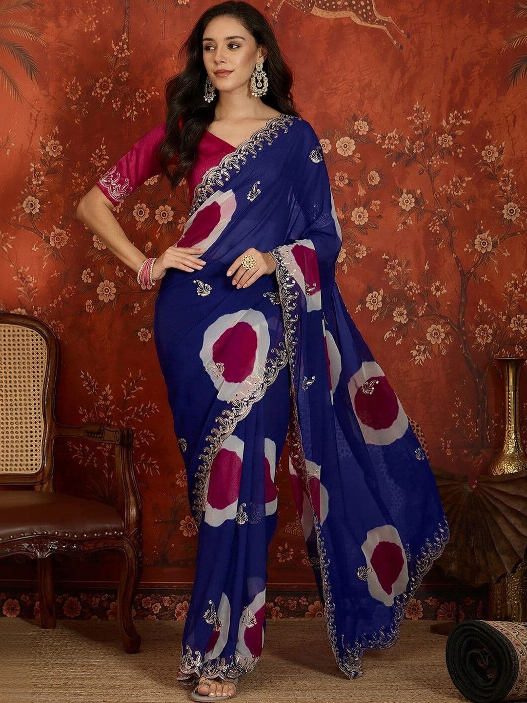 KALINI Tie and Dye Embroidered Pure Georgette Fusion Saree - view 1
