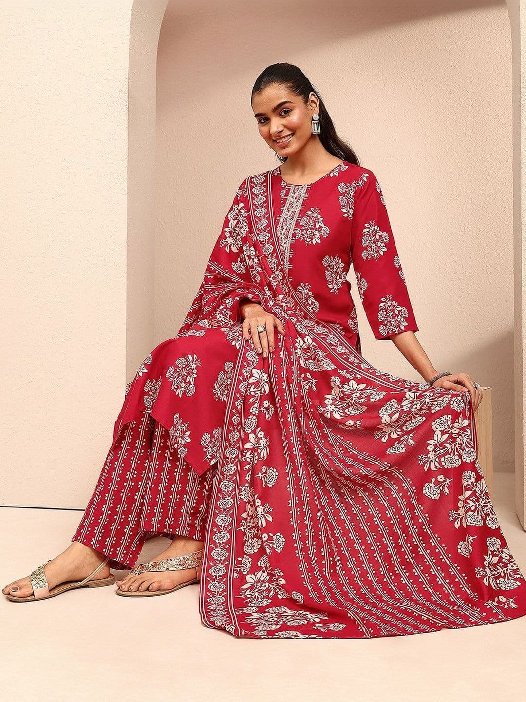 Gerua By Libas Women Floral Printed Regular Thread Work Kurta with Trousers & With Dupatta - view 1