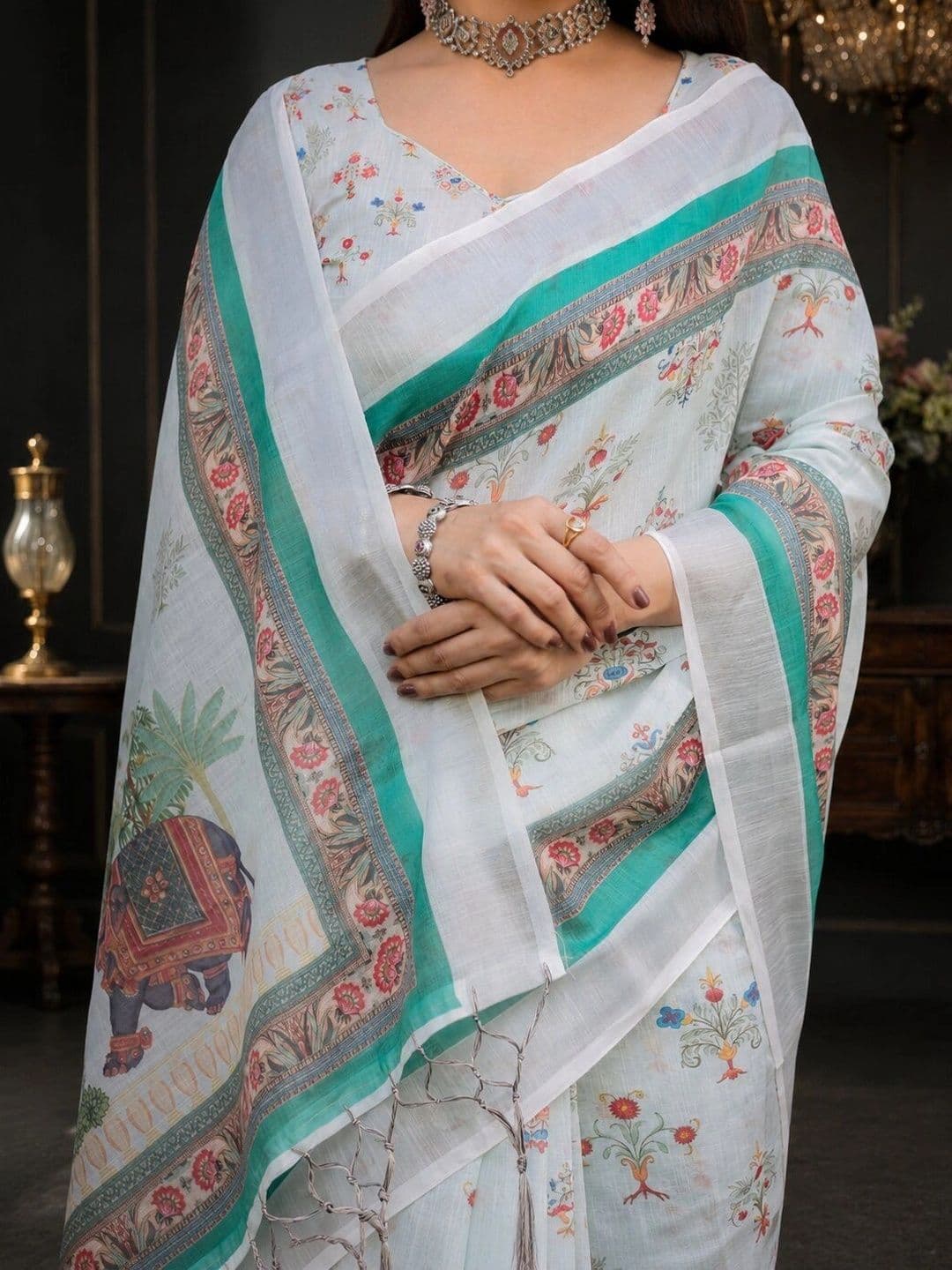 Moda Rapido Floral Linen Blend Bhagalpuri Saree thumbnail 3