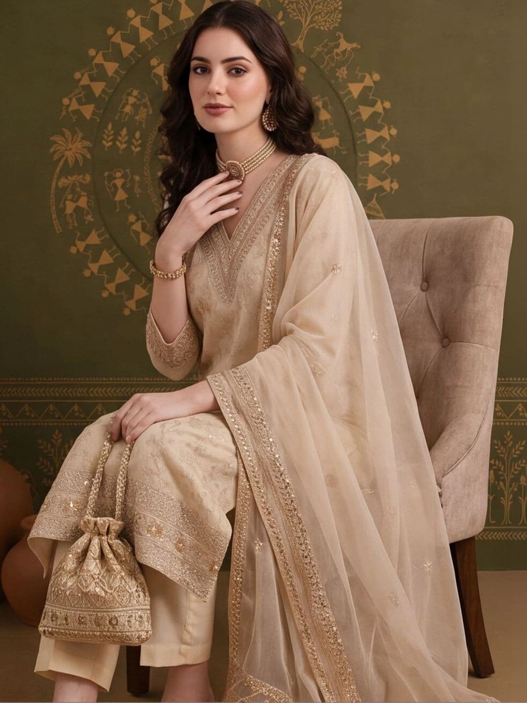 Anouk Women Ethnic Motifs Embroidered Regular Kurta with Trousers & With Dupatta thumbnail 4
