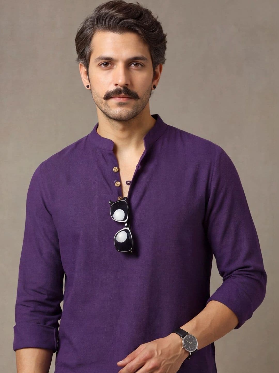 Navibhu Woven Design Solid Cotton Handloom Mandarin Collar Short Kurta thumbnail 6