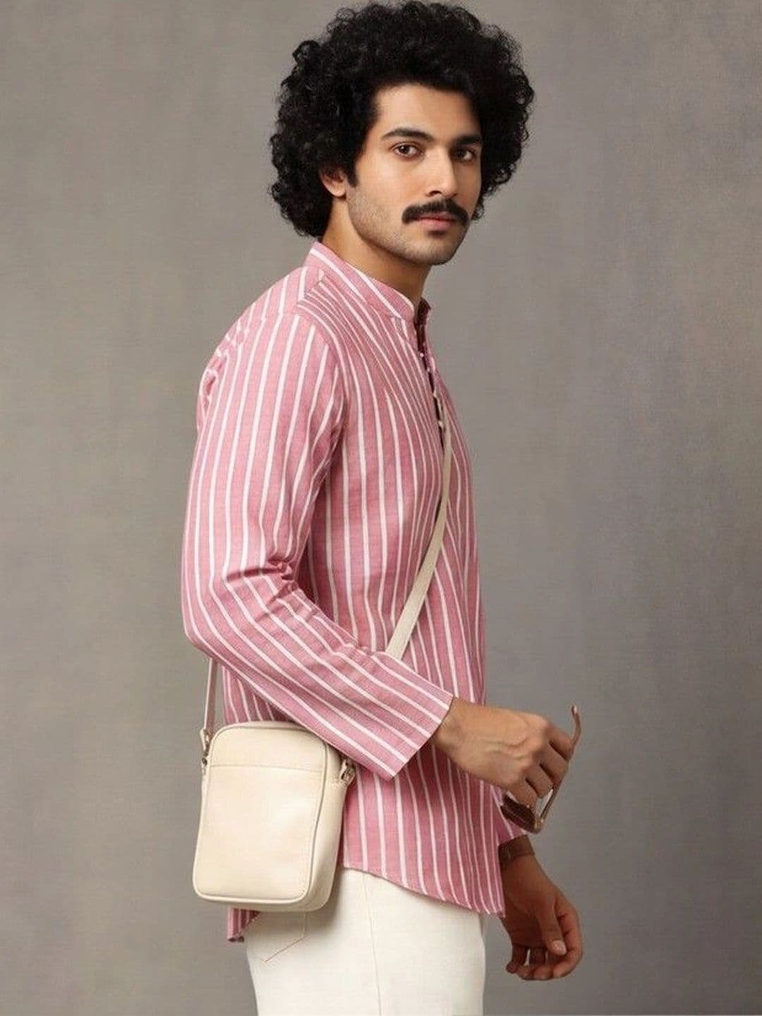 Navibhu Woven Design Striped Cotton Handloom Mandarin Collar Short Kurta thumbnail 6