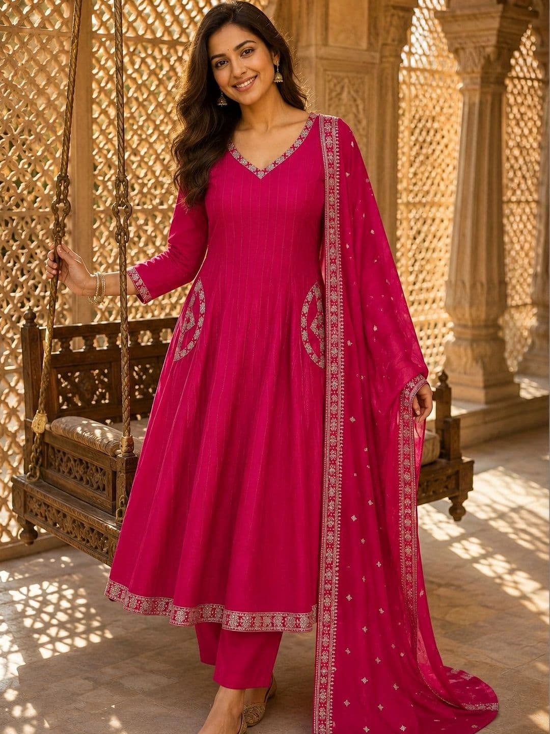 Berrylicious Women Ethnic Motifs Regular Thread Work Pure Silk Kurta with Trousers & With Dupatta - view 1