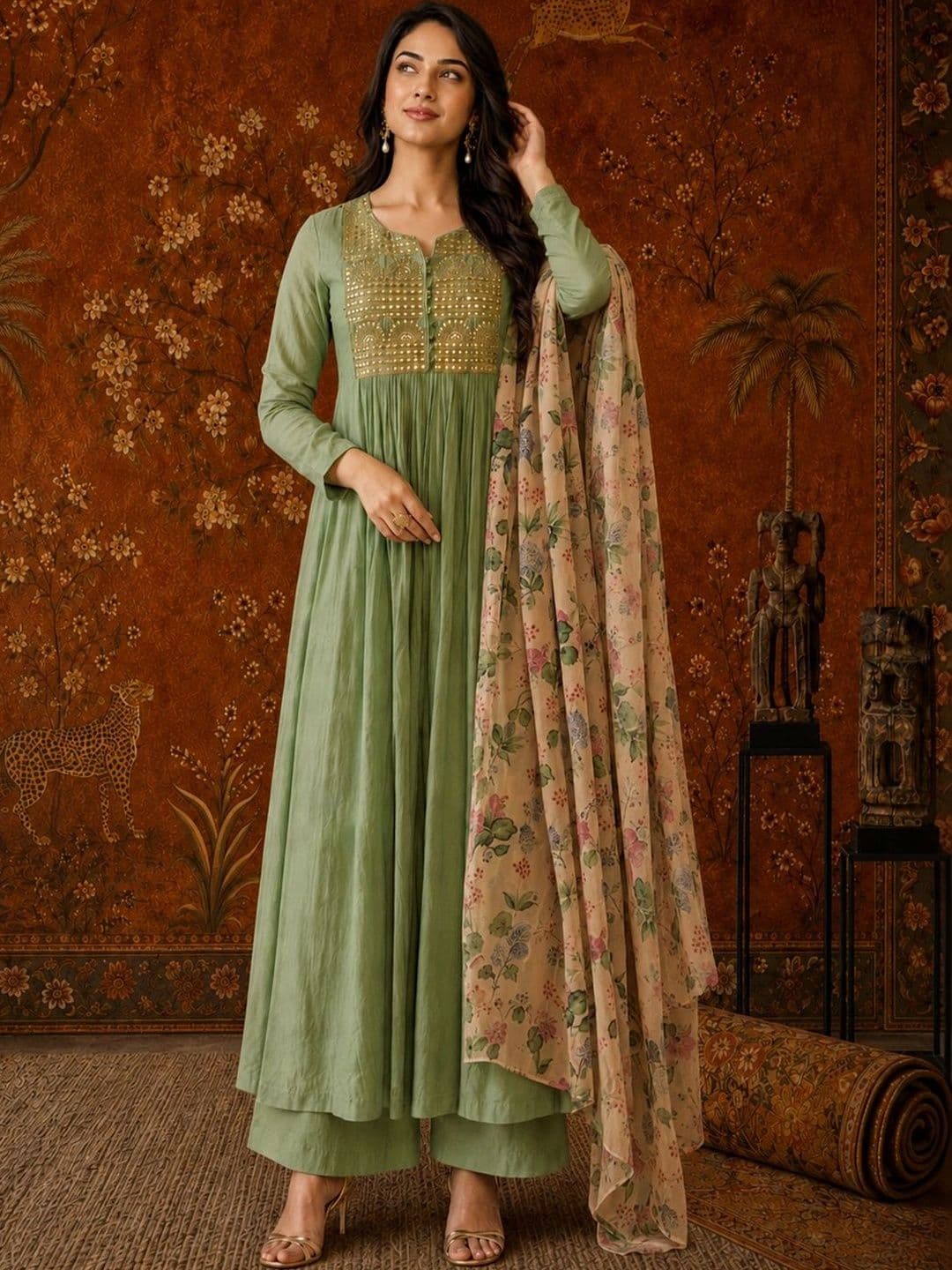Sangria Women Floral Embroidered Empire Mirror Work Kurta with Palazzos & With Dupatta thumbnail 2