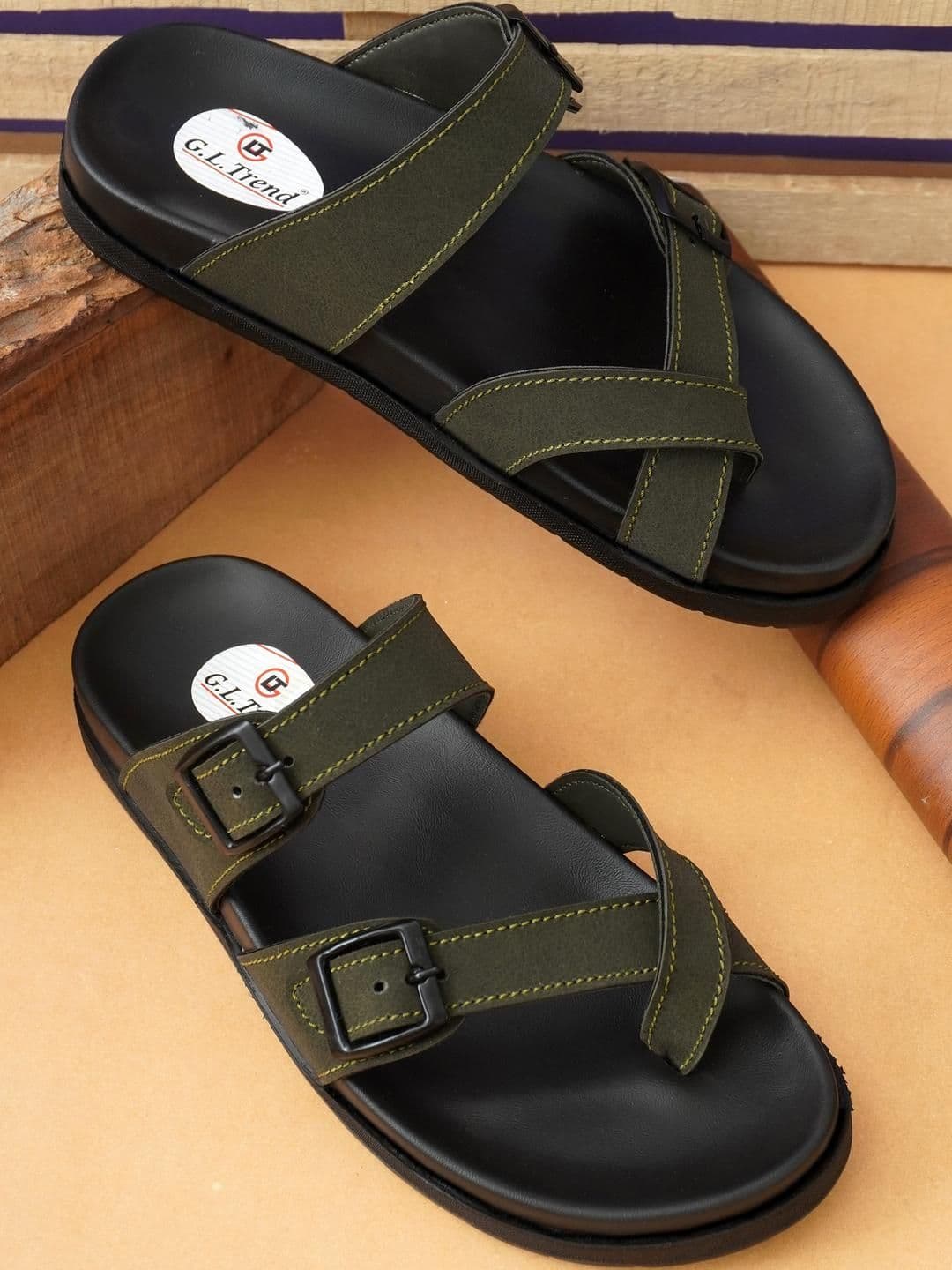 G L Trend Men Olive Leather Casual Comfort Orthopedic Slip-On Sandals - view 1