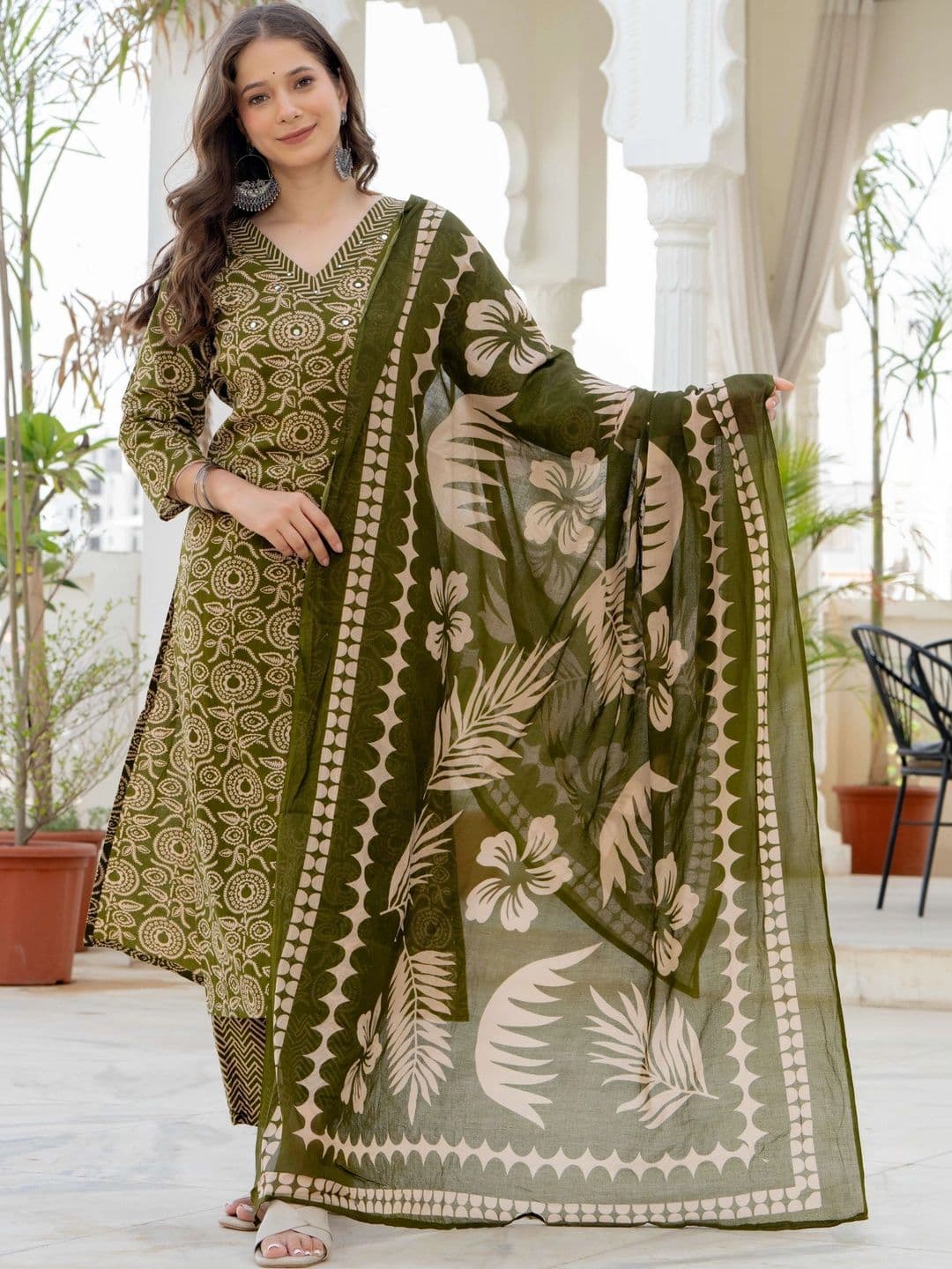 Rangnavi Women Ethnic Motifs Printed Regular Mirror Work Pure Cotton Kurta with Trousers & With Dupatta - view 1