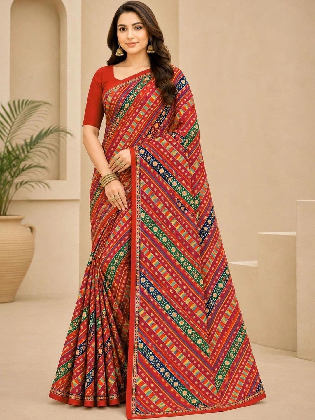SAMANTHA Striped Poly Georgette Leheriya Saree - view 1