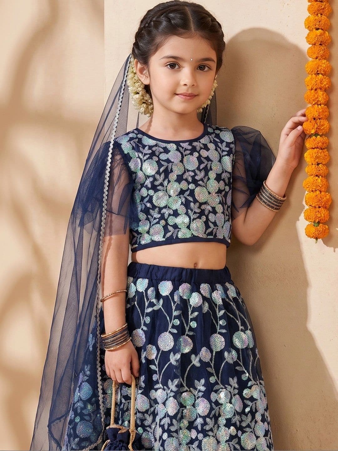 Sangria Gilrs Floral Embroidered Lehenga Choli With Dupatta thumbnail 4