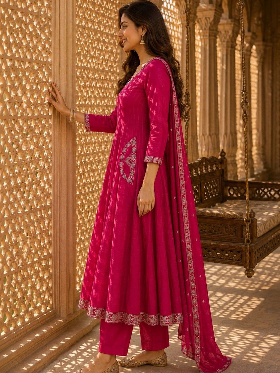 Berrylicious Women Ethnic Motifs Regular Thread Work Pure Silk Kurta with Trousers & With Dupatta thumbnail 4