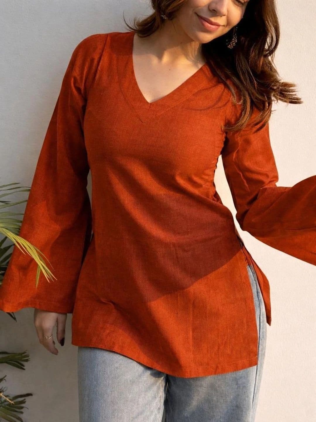 Sangria V-Neck Flared Sleeves Kurti thumbnail 4