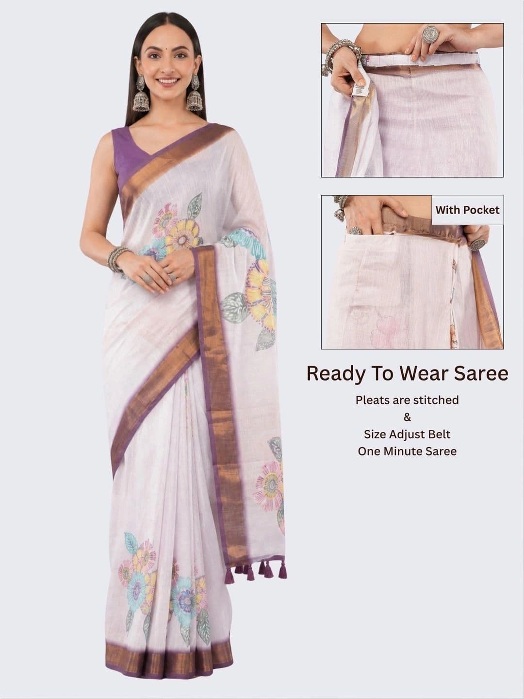 SAMANTHA Floral Zari Linen Blend Belted Saree thumbnail 4