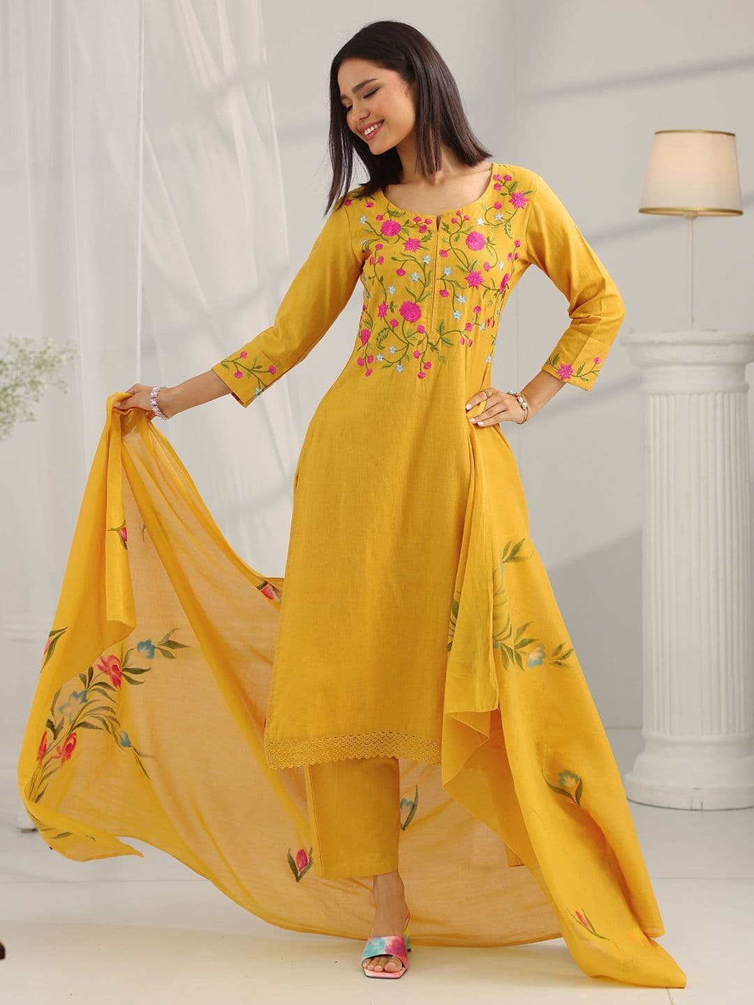Libas Women Solid Embroidered Kurta with Trousers & Dupatta thumbnail 3