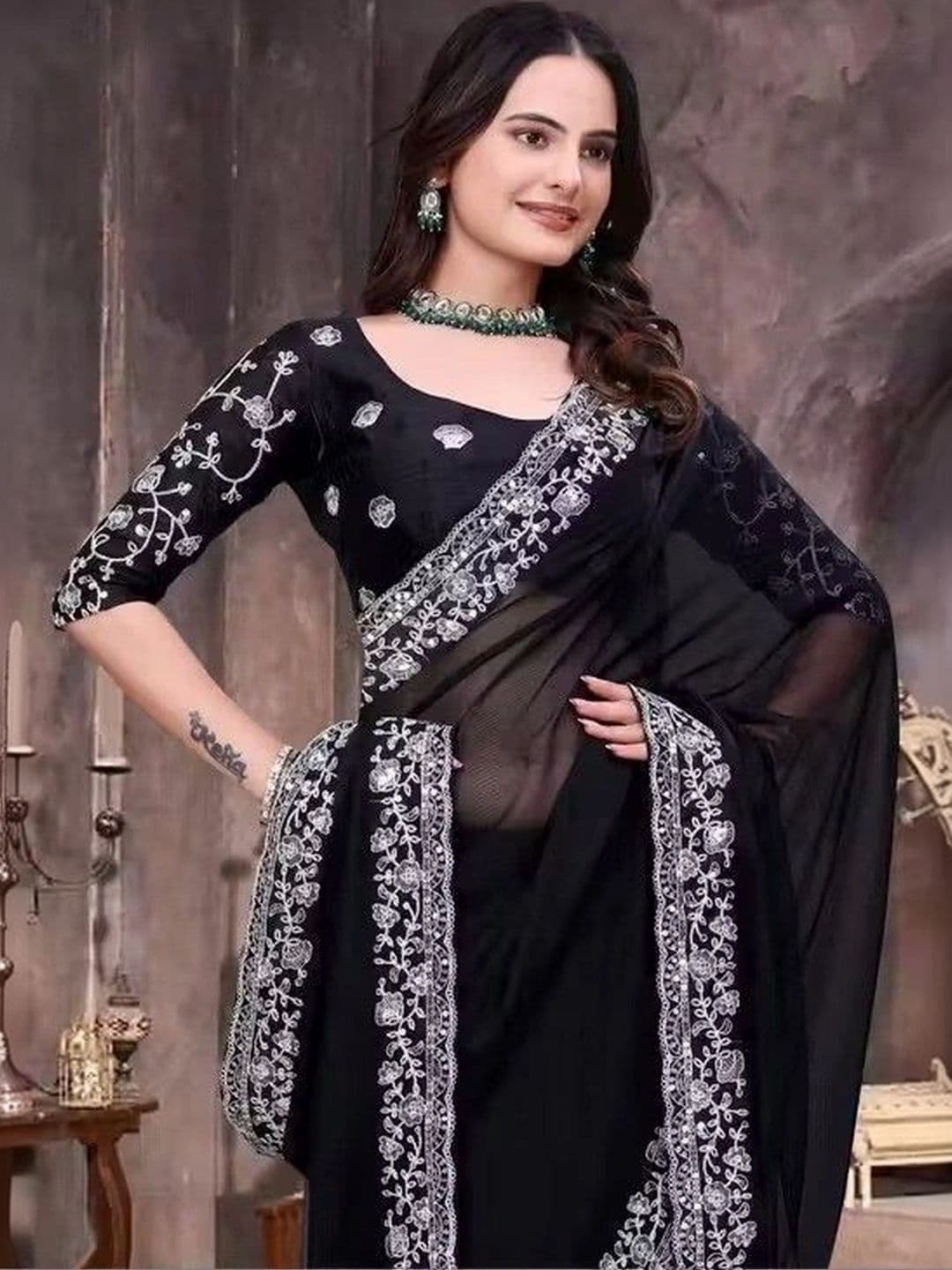 RENBRIZA Floral Embroidered Poly Georgette Saree - view 1