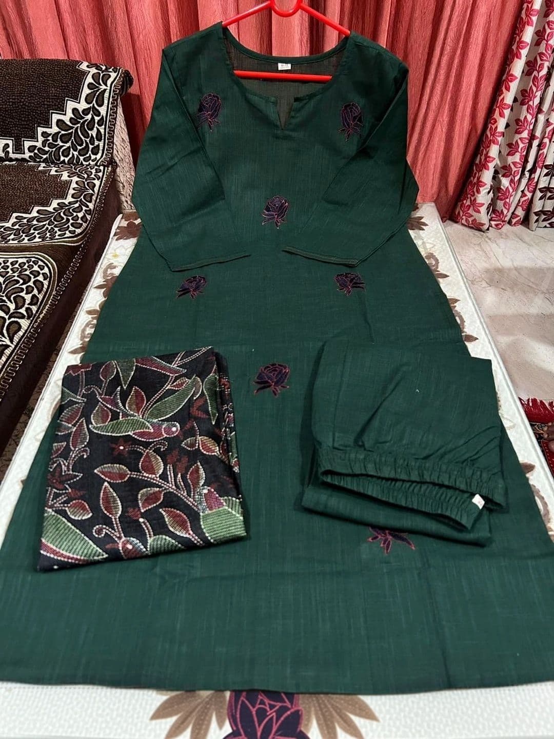 Urban India Women Floral Embroidered Regular Thread Work Pure Cotton Kurta with Trousers & With Dupatta thumbnail 5